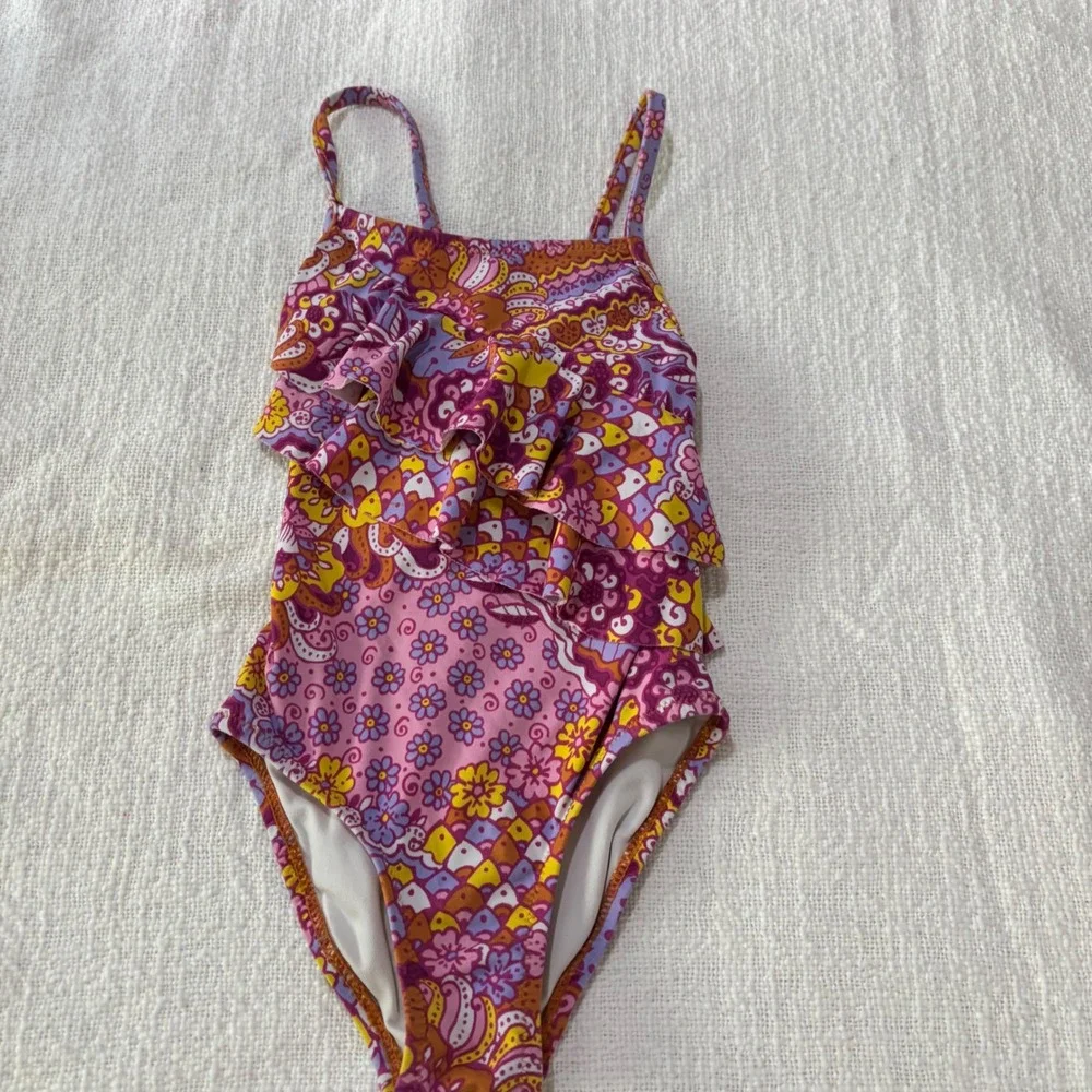 Garnet Hill Kids Girls Pink Purple Paisley Floral Ruffle One Piece Swimsuit 4